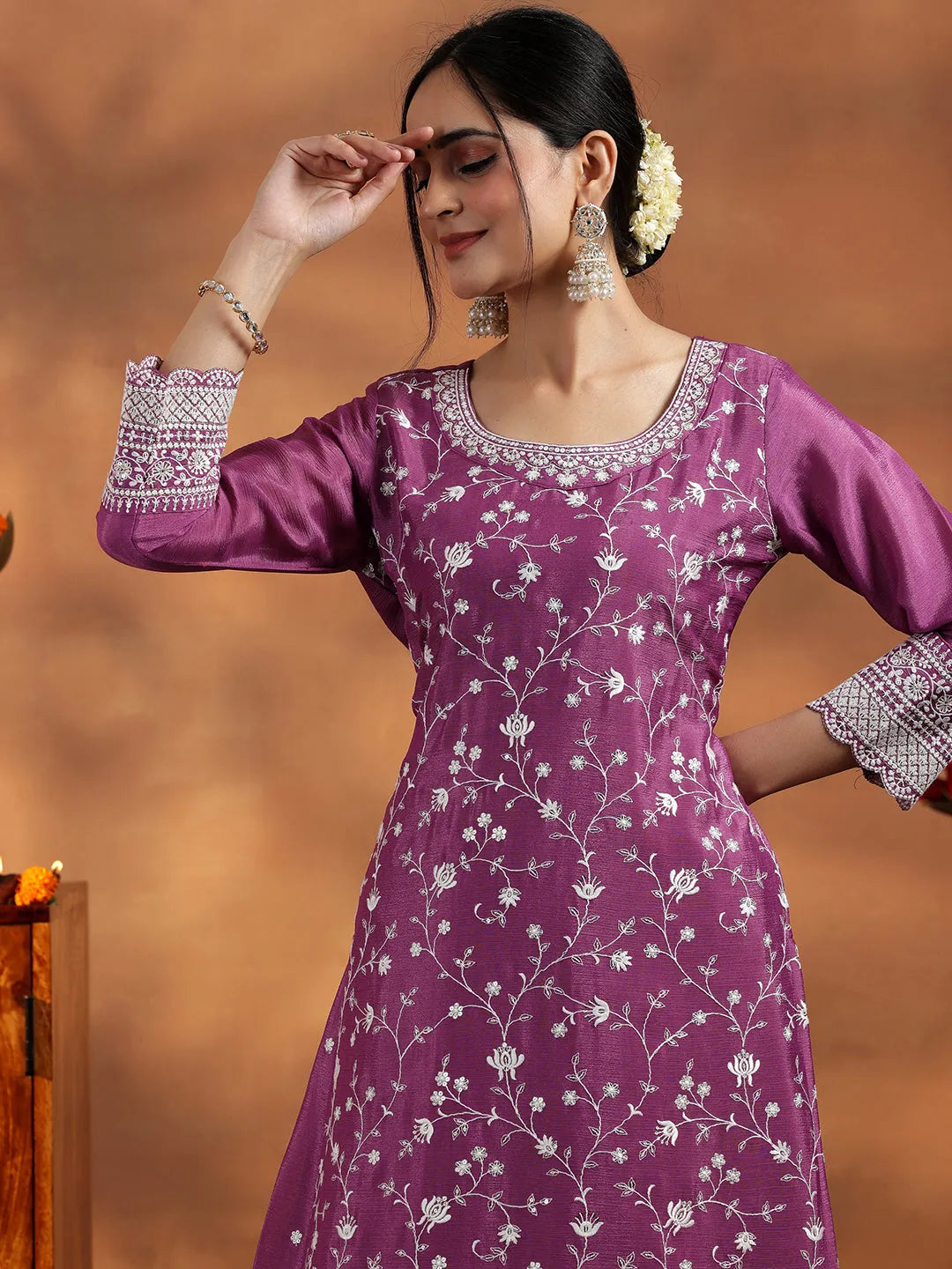 Libas Mauve Embroidered Silk Blend Straight Suit With Dupatta