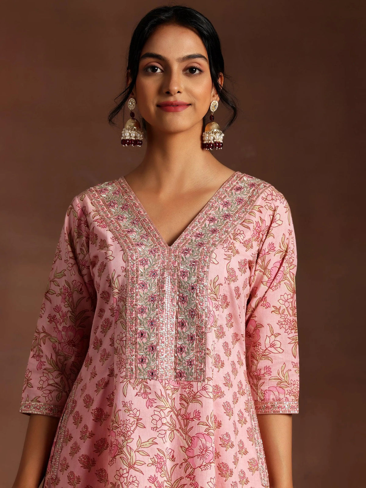 Libas Mariyam Pink Printed Cotton A-Line Kurta With Palazzos & Dupatta
