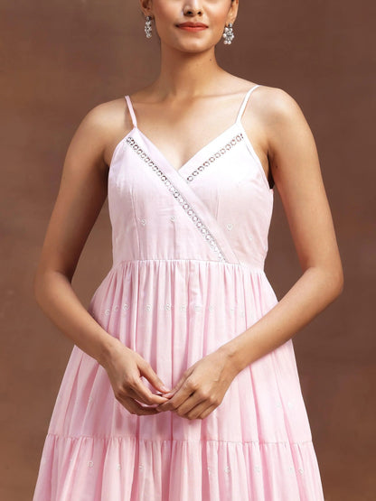 Libas Pink Self Design Cotton Anarkali Kurta With Trousers