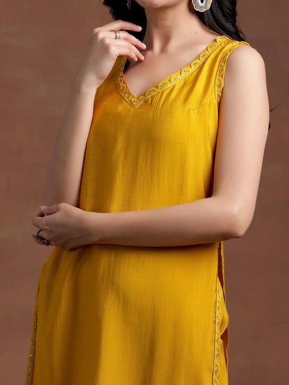 Gerua Mustard Solid Silk Blend Straight Suit With Dupatta