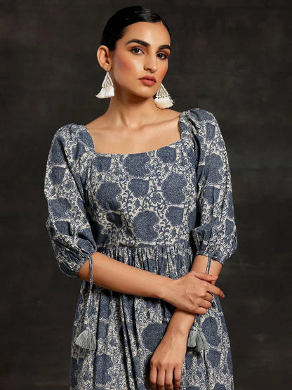 Libas Grey Printed Cotton Fit and Flare Dress
