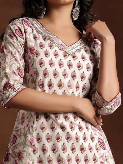 Libas Off white Printed Cotton A-Line Kurta With Palazzos