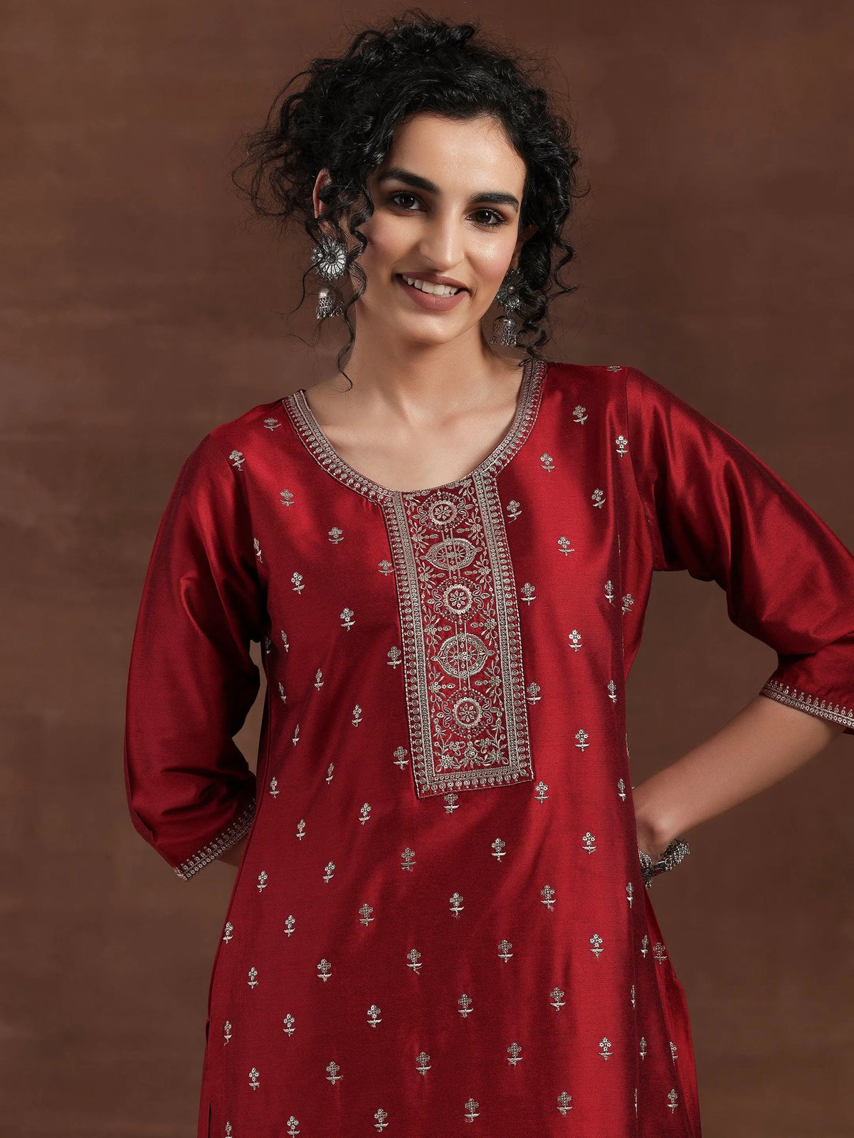 Gerua Red Embroidered Silk Blend Straight Suit With Dupatta