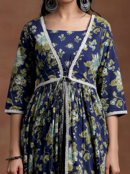 Libas Blue Printed Cotton A-Line Kurta With Trousers