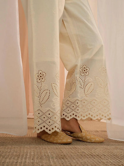 Libas Off White Embroidered Cotton Wide Leg Palazzos