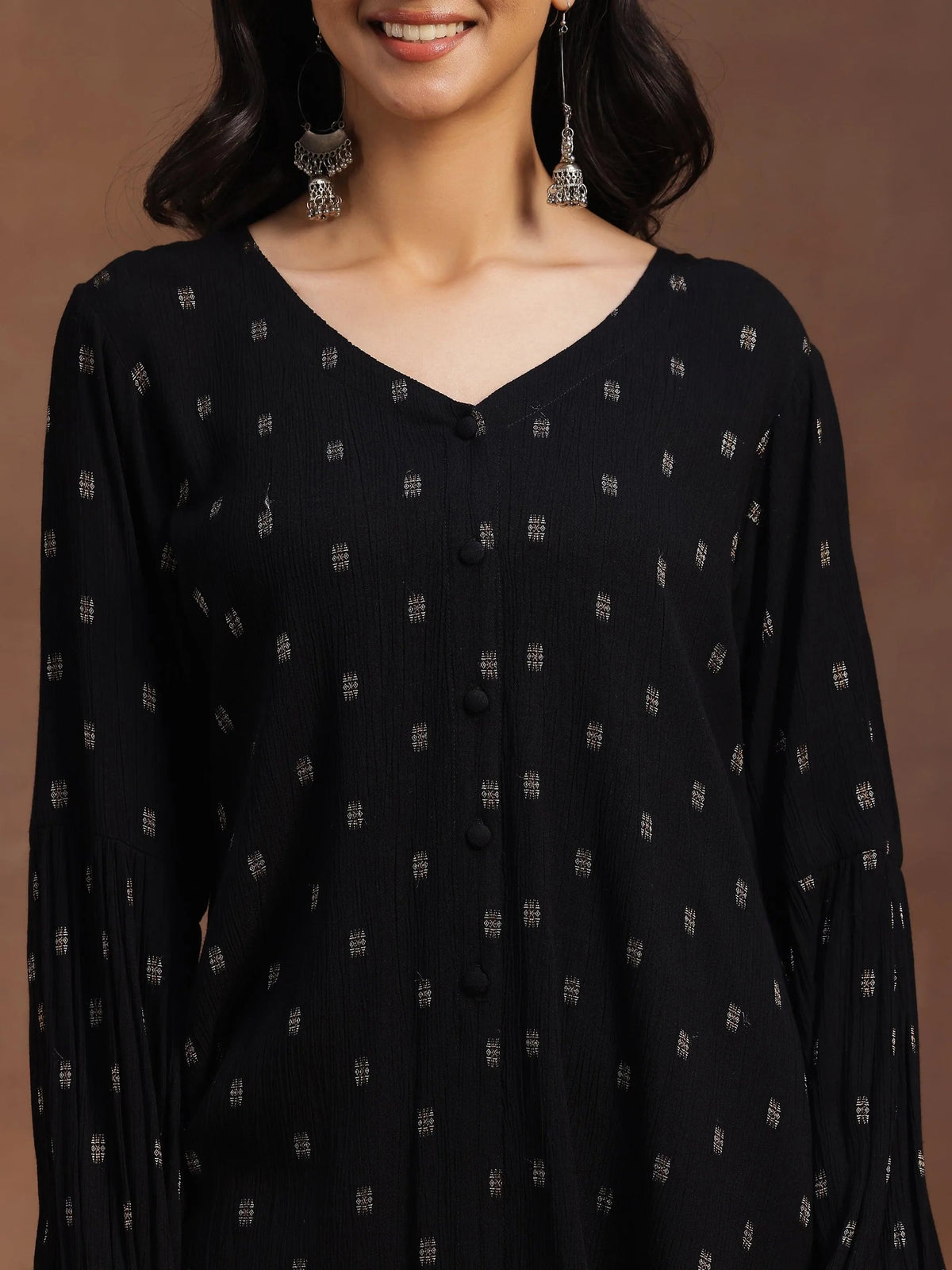 Libas Black Woven Design Viscose Rayon A-line Kurti