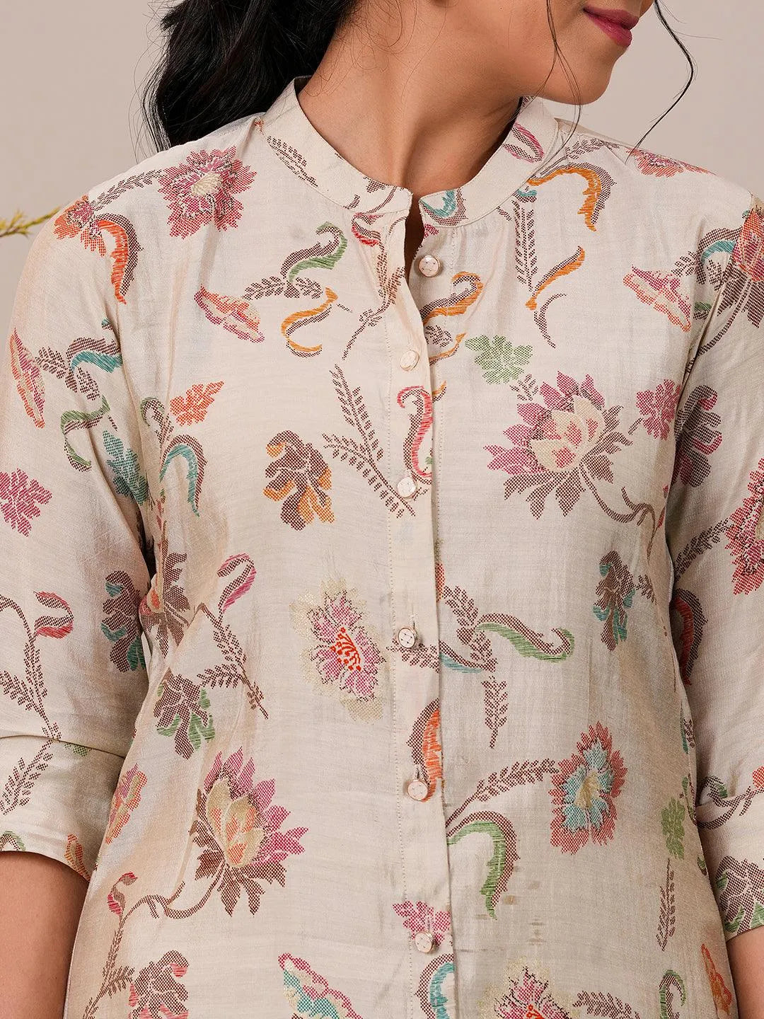 Libas Beige Printed Silk Blend A-Line Kurti