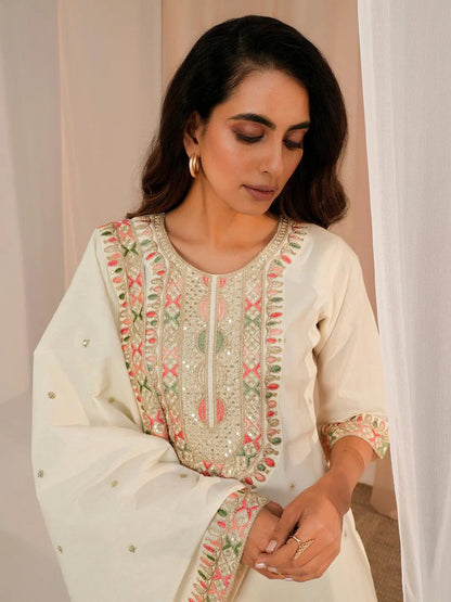 Libas Off White Embroidered Cotton Straight Suit With Dupatta