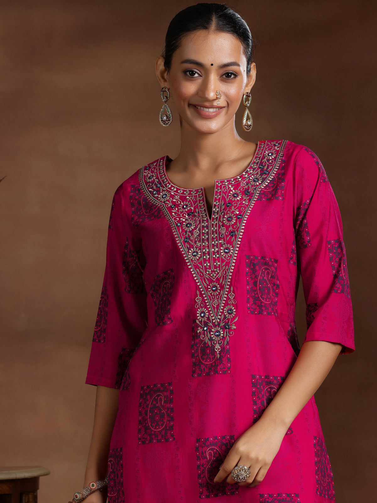 Libas Pink Printed Silk Blend Straight Suit With Dupatta