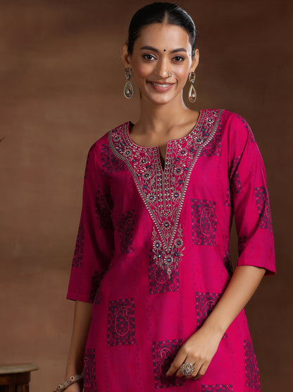 Libas Pink Printed Silk Blend Straight Suit With Dupatta