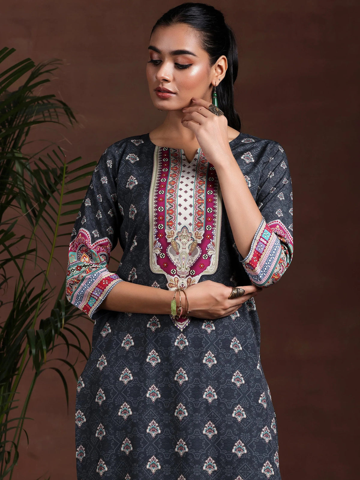 Libas Black Printed Poly Crepe Straight Suit With Dupatta