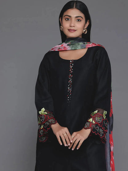 Libas Black Solid Silk Blend Straight Suit With Dupatta