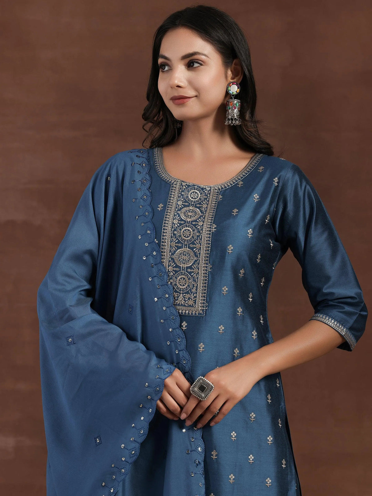 Gerua Blue Embroidered Silk Blend Straight Suit With Dupatta