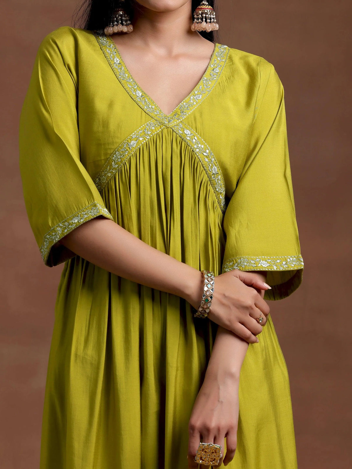 Gerua Olive Solid Silk Blend A-Line Kurta With Trousers & Dupatta