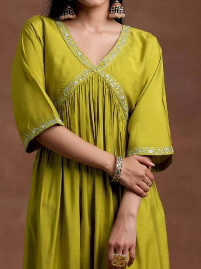 Gerua Olive Solid Silk Blend A-Line Kurta With Trousers & Dupatta