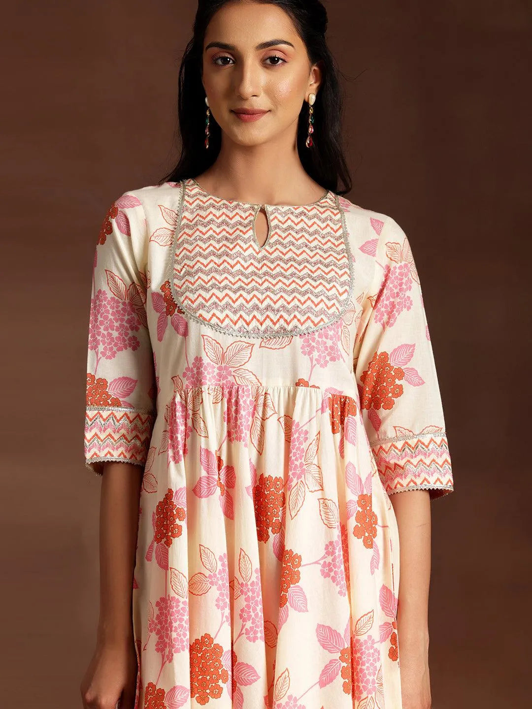 Libas Orange Printed Cotton Anarkali Suit With Dupatta