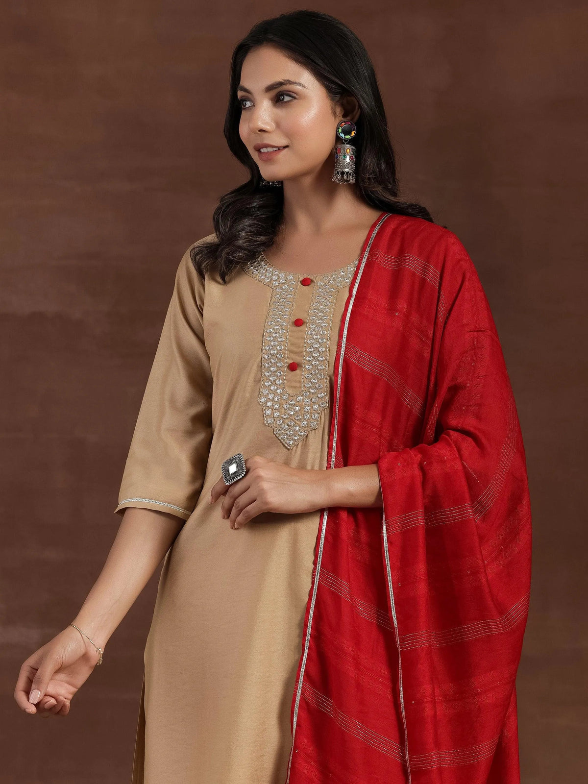 Libas Beige Yoke Design Silk Blend Straight Kurta With Trousers & Dupatta