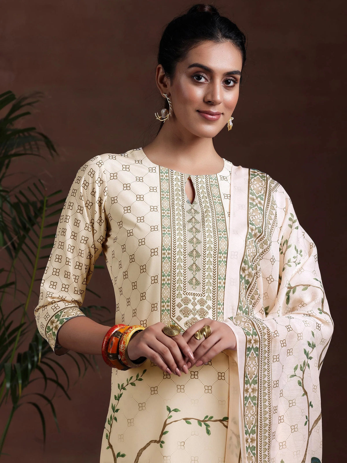 Libas Off White Printed Poly Crepe Straight Suit With Dupatta