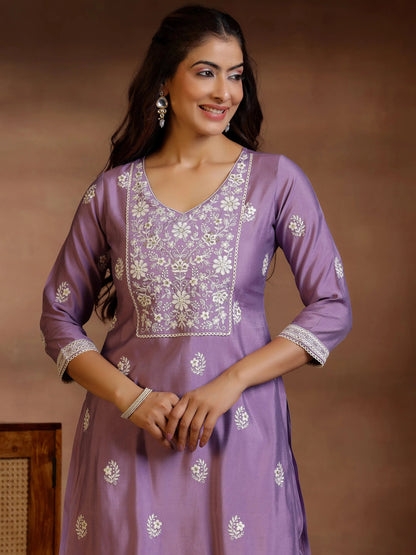 Libas Mauve Embroidered Silk Blend Straight Suit With Dupatta