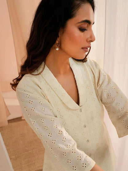 Libas Off White Self Design Cotton Shirt With Palazzos