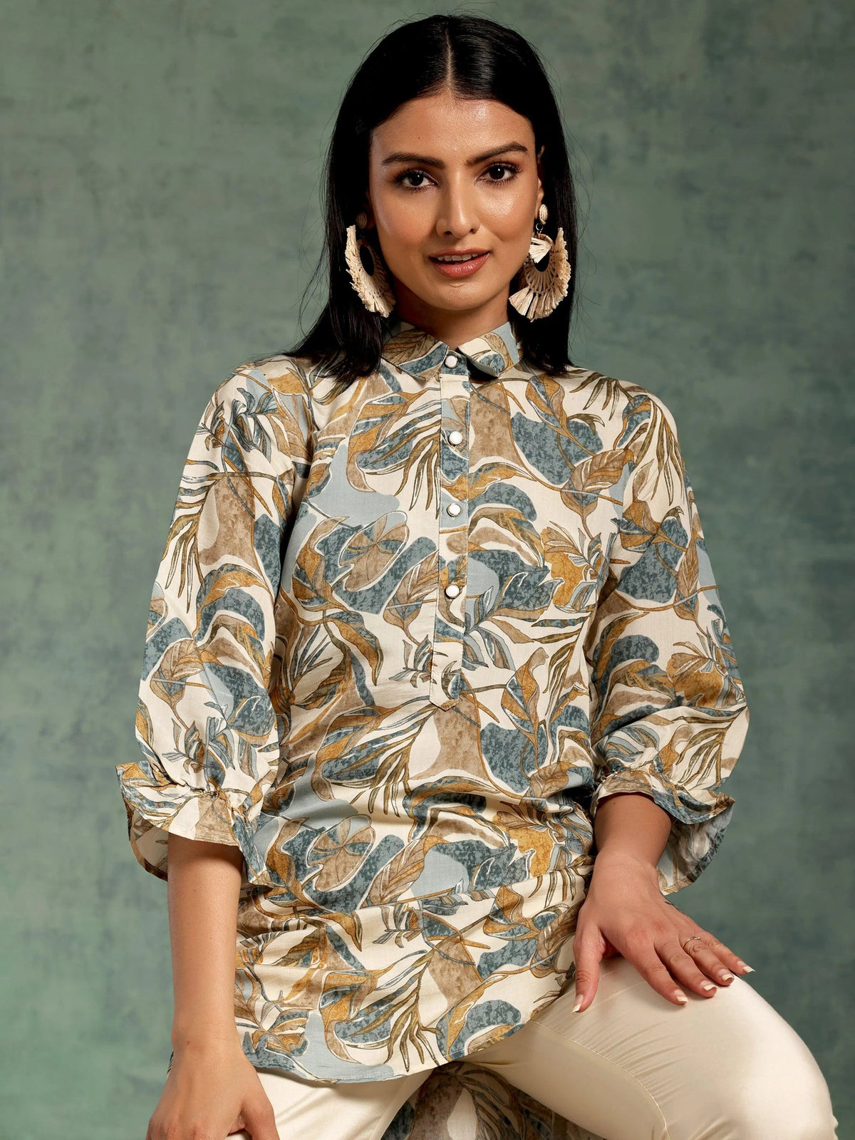 Libas Beige Printed Silk Blend A-Line Kurti