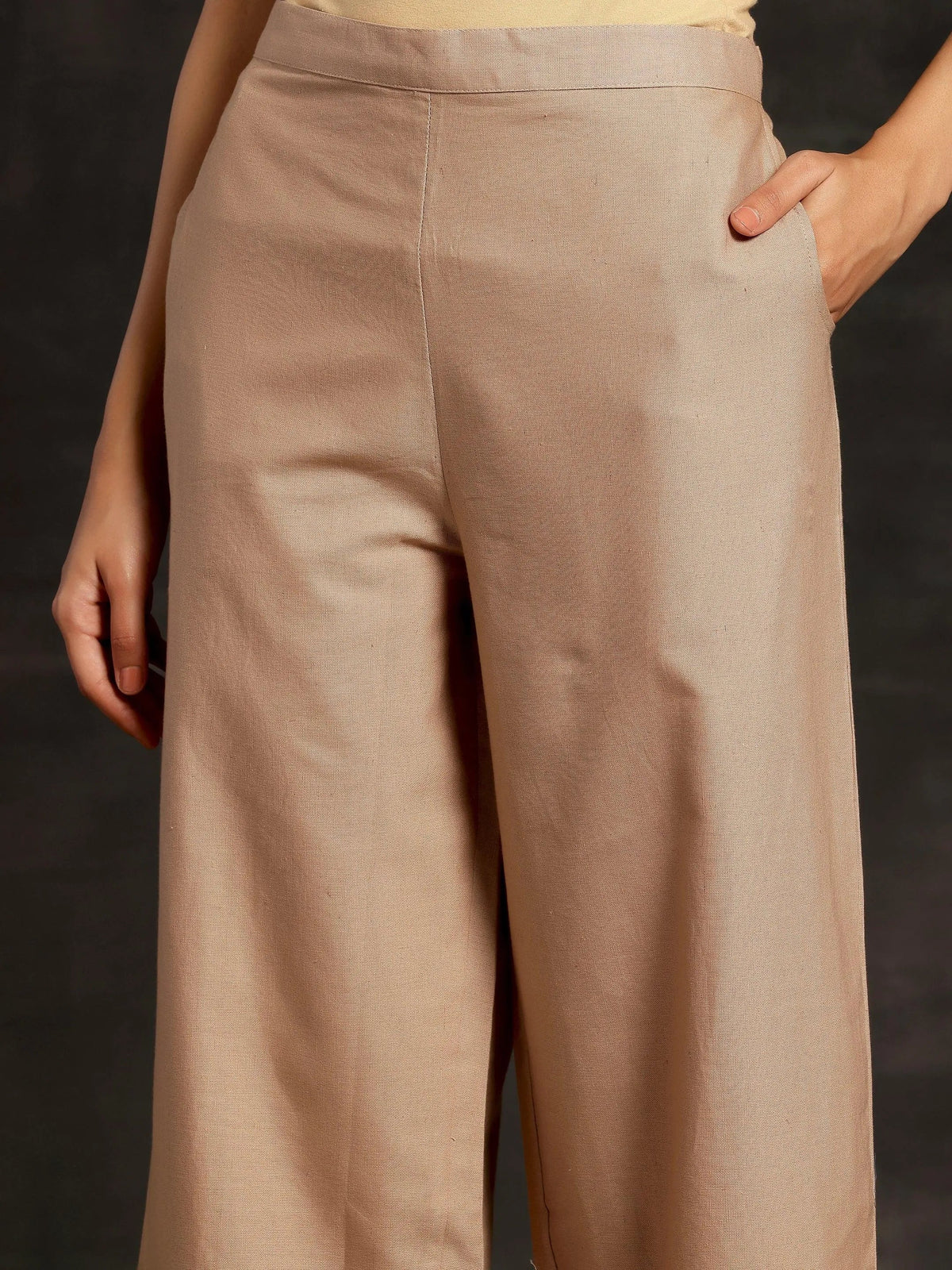 Libas Beige Solid Cotton Wide Leg Palazzos