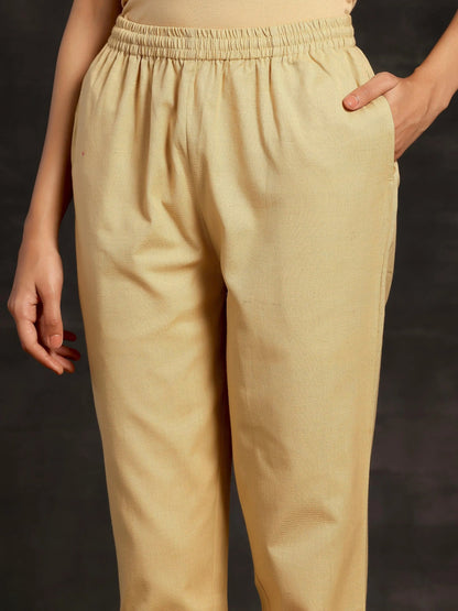 Libas Cream Solid Cotton Straight Fit Trousers