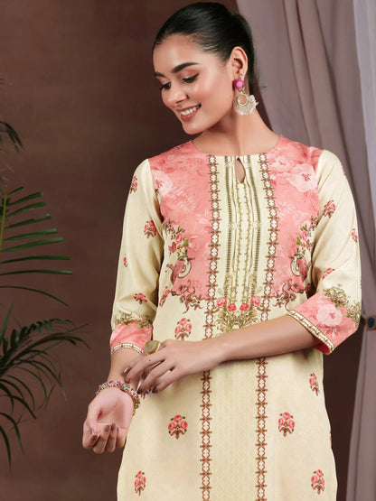 Gerua Beige Printed Poly Crepe Straight Suit With Dupatta