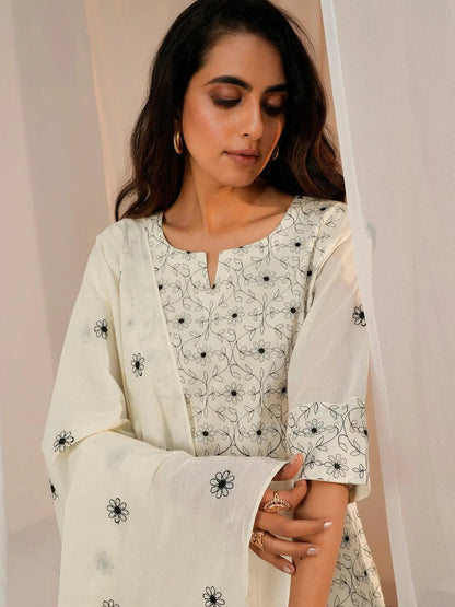 Libas Off White Embroidered Cotton Straight Suit With Dupatta