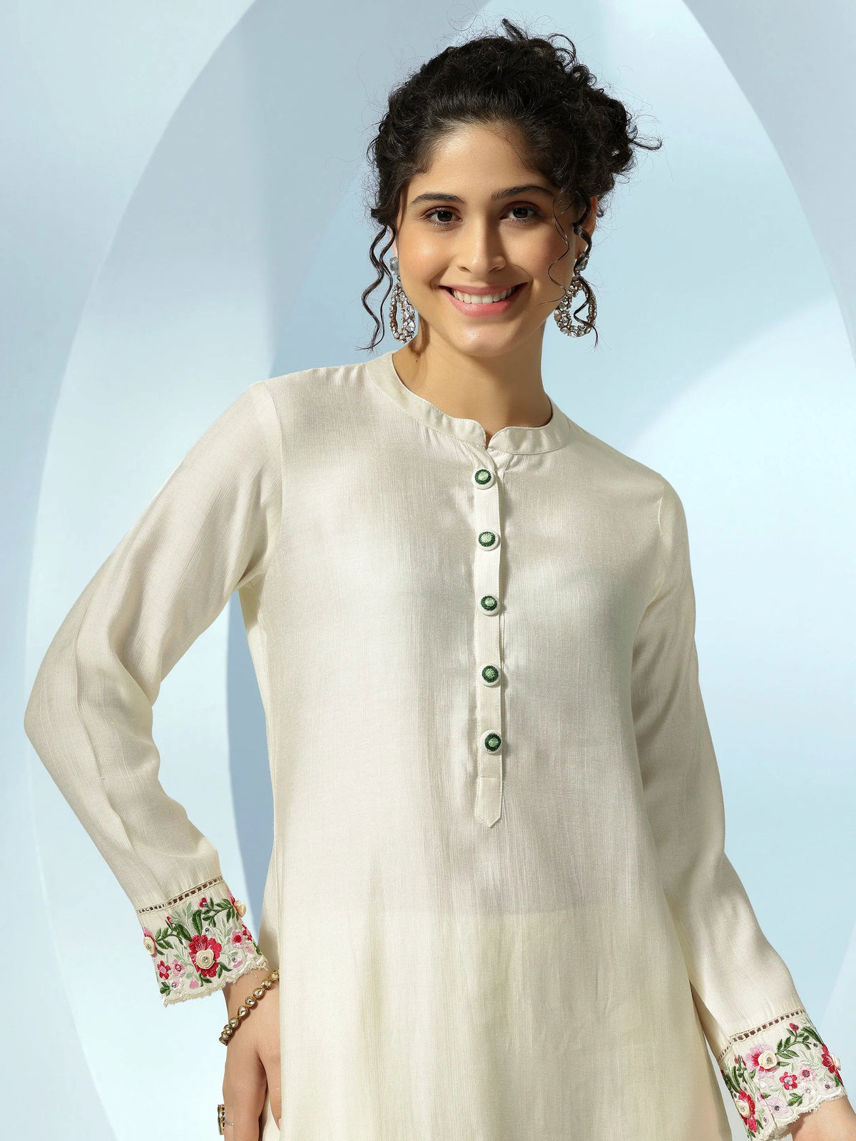 Libas Off White Embroidered Silk Blend Straight Kurta Set