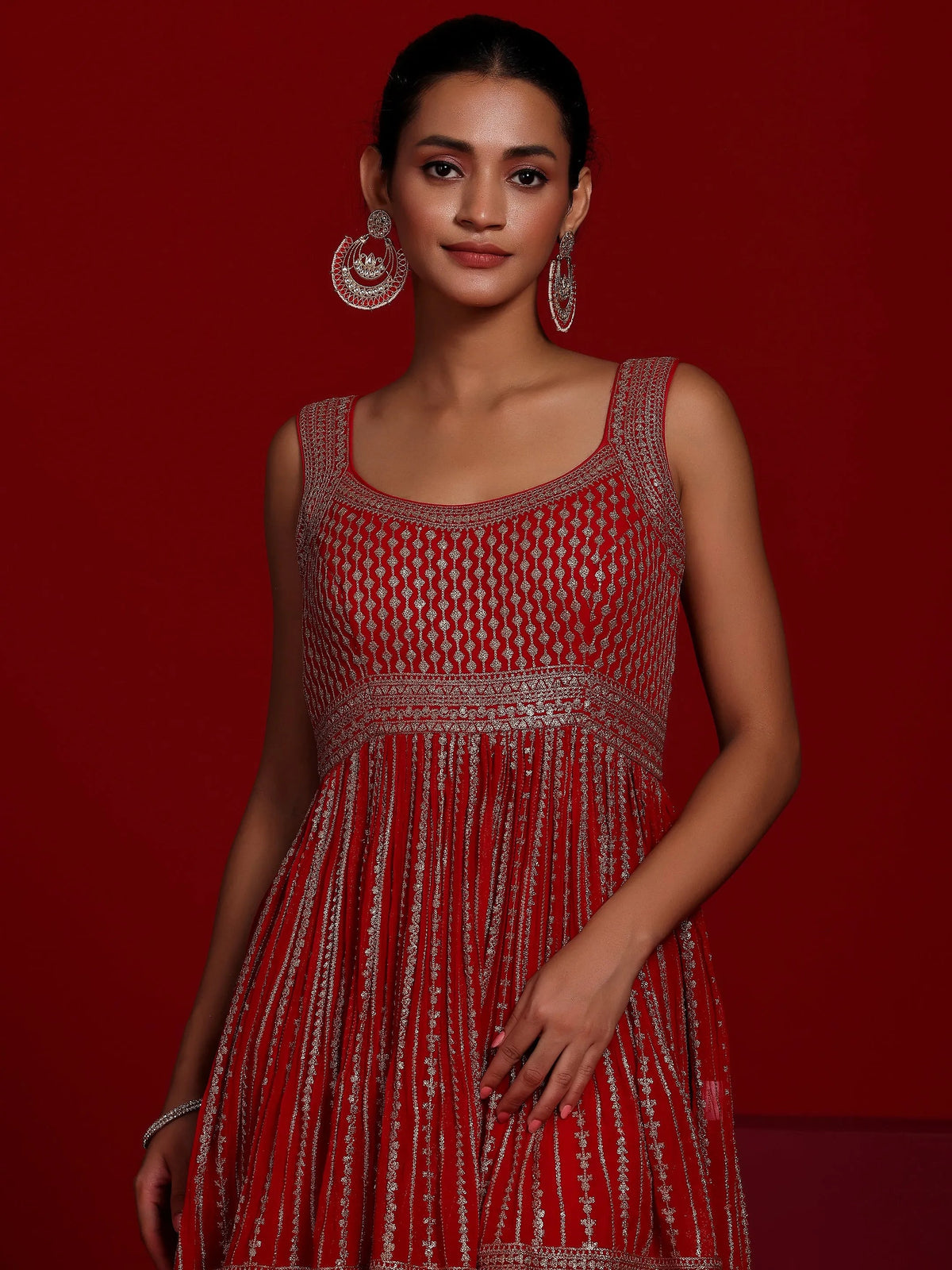 Libas Art Red Embroidered Georgette Anarkali Suit With Dupatta