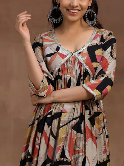 Libas Black Printed Silk Blend A-Line Kurta With Trousers & Dupatta