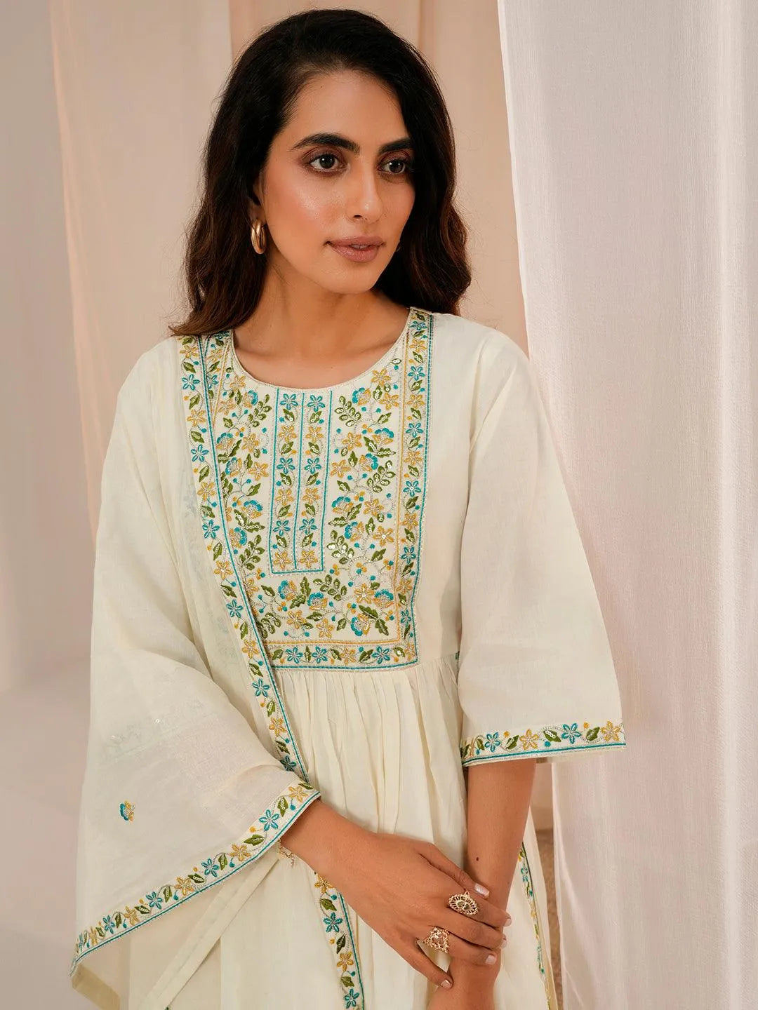 Gerua Off White Yoke Design Cotton Blend A-Line Kurta With Palazzos & Dupatta