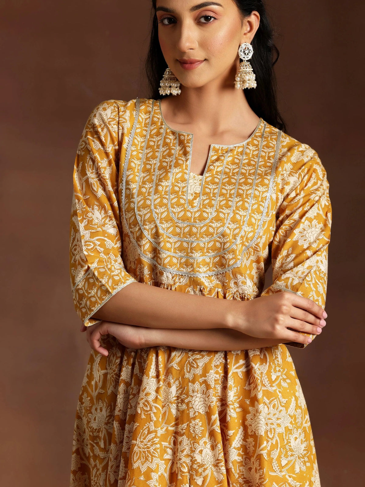 Libas Mustard Printed Cotton Anarkali Suit With Dupatta