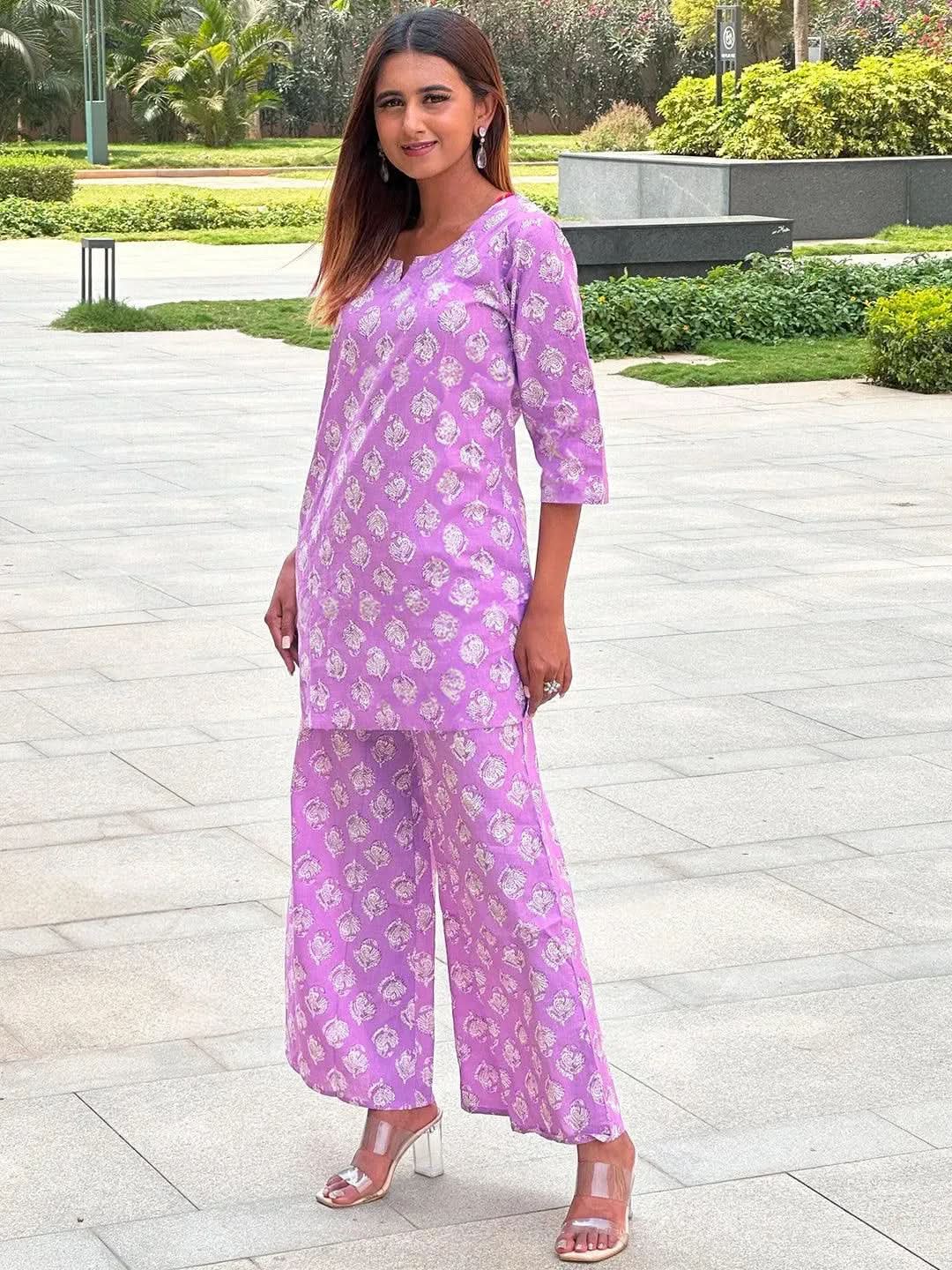 Libas Lavender Printed Cotton Night Suit