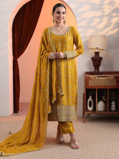 Libas Mustard Embroidered Chinon Straight Suit Set With Dupatta