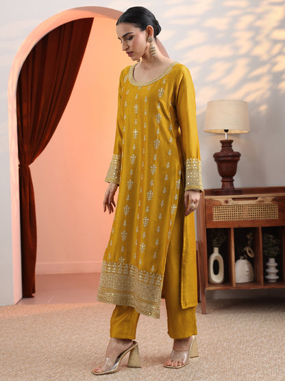 Libas Mustard Embroidered Chinon Straight Suit Set With Dupatta