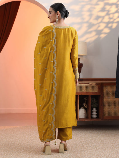 Libas Mustard Embroidered Chinon Straight Suit Set With Dupatta
