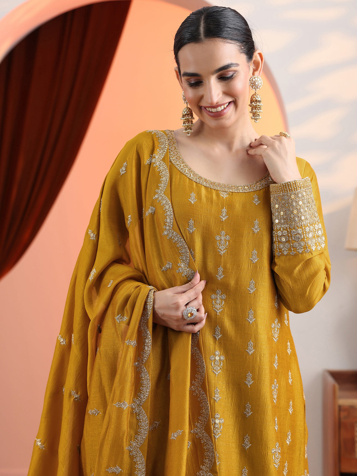Libas Mustard Embroidered Chinon Straight Suit Set With Dupatta