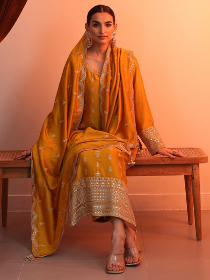 Libas Mustard Embroidered Chinon Straight Suit Set With Dupatta