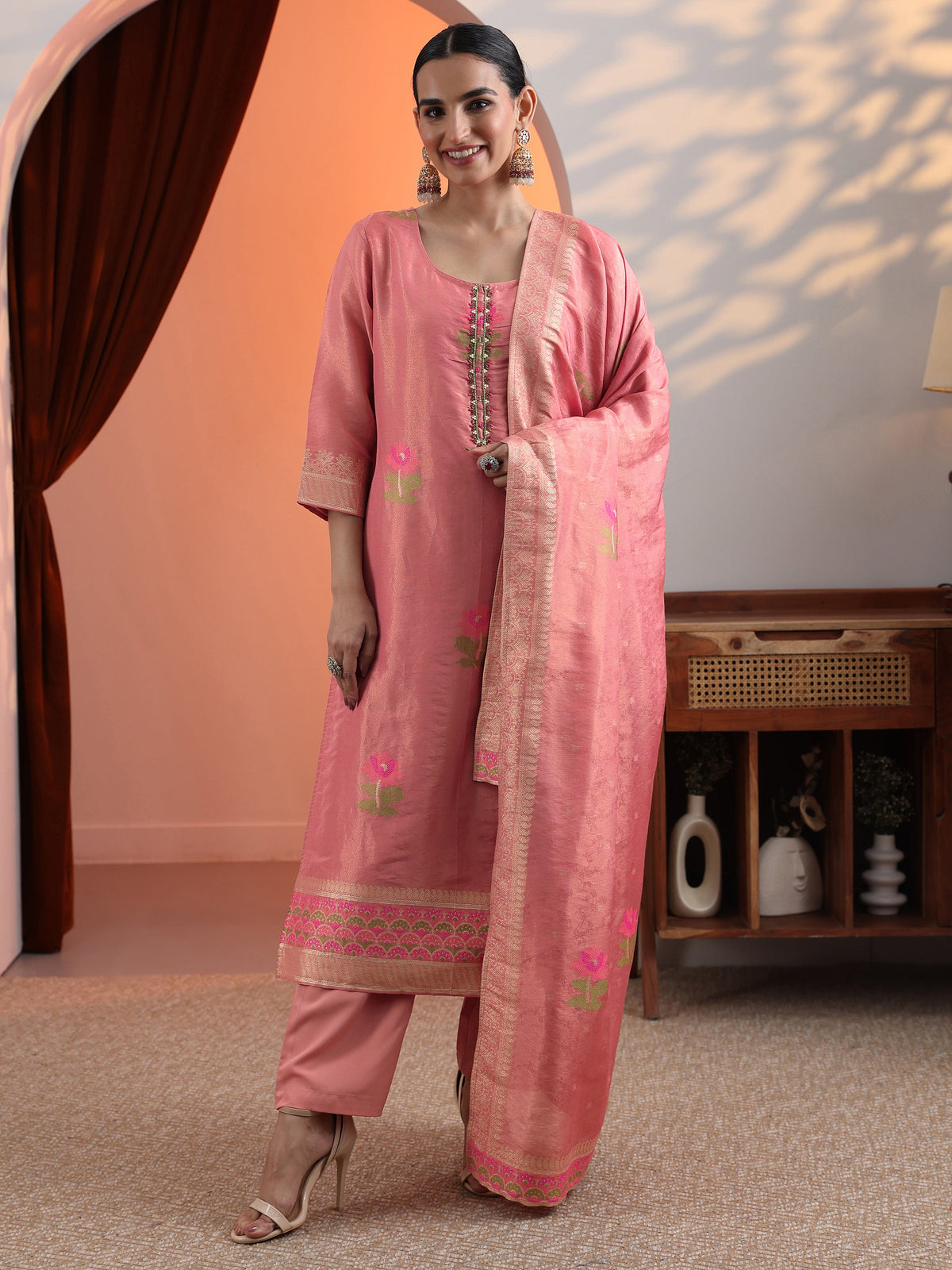 Libas Peach Woven Design Silk Blend Straight Suit Set With Dupatta