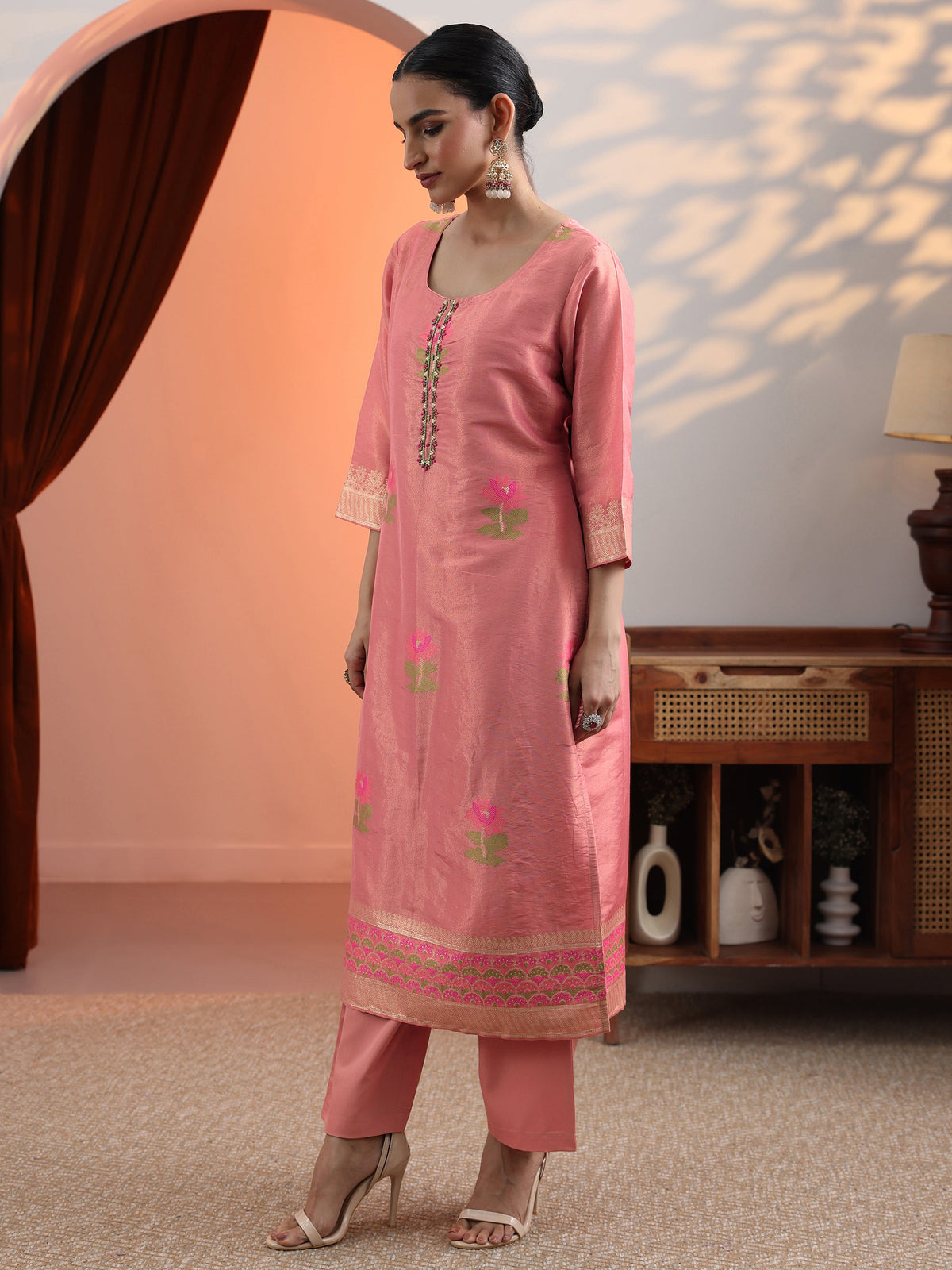 Libas Peach Woven Design Silk Blend Straight Suit Set With Dupatta