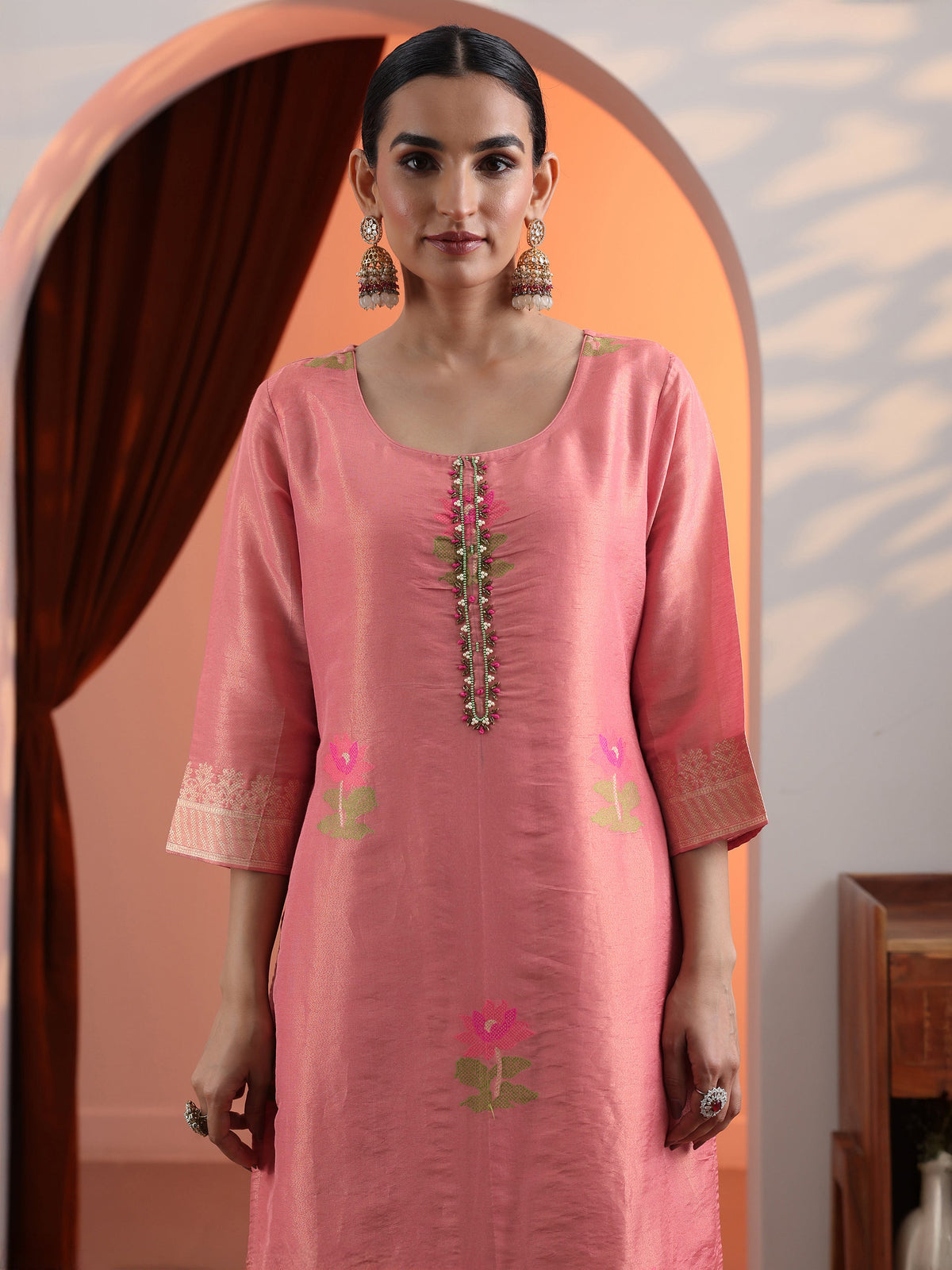 Libas Peach Woven Design Silk Blend Straight Suit Set With Dupatta