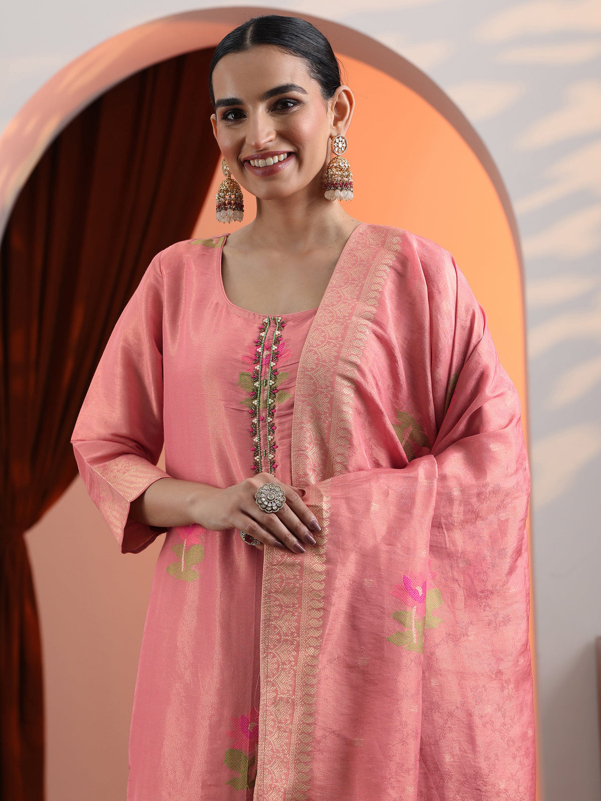 Libas Peach Woven Design Silk Blend Straight Suit Set With Dupatta