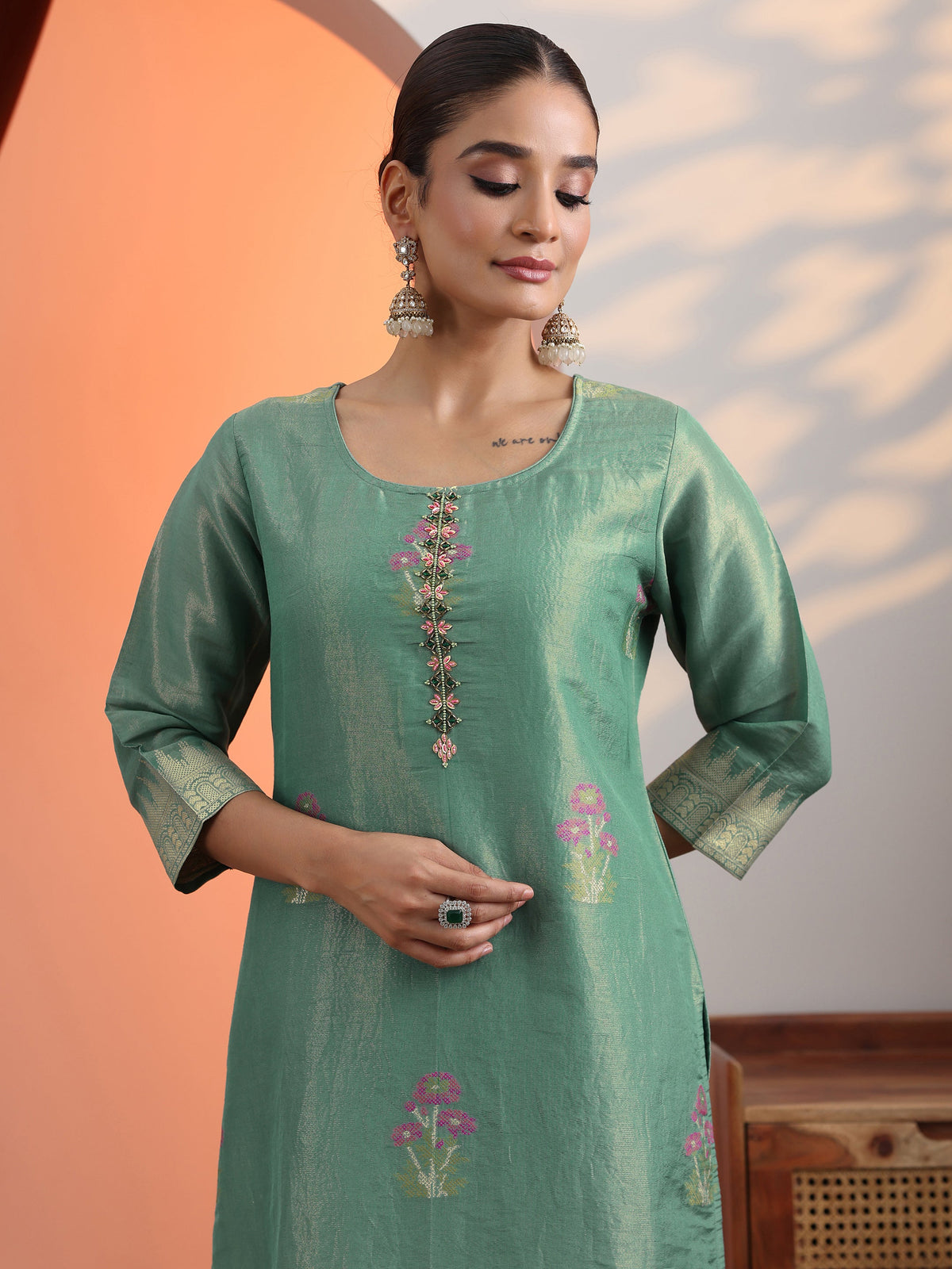 Libas Green Woven Design Silk Blend Straight Suit Set With Dupatta