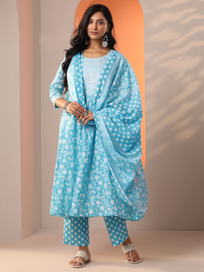 Gerua Blue Printed Cotton Blend Straight Suit Set With Dupatta