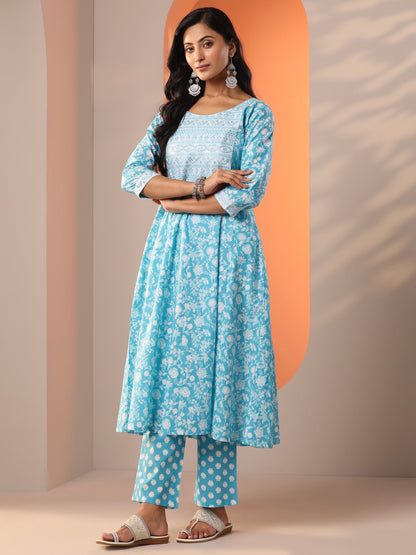 Gerua Blue Printed Cotton Blend Straight Suit Set With Dupatta