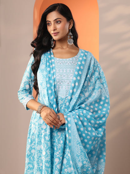 Gerua Blue Printed Cotton Blend Straight Suit Set With Dupatta
