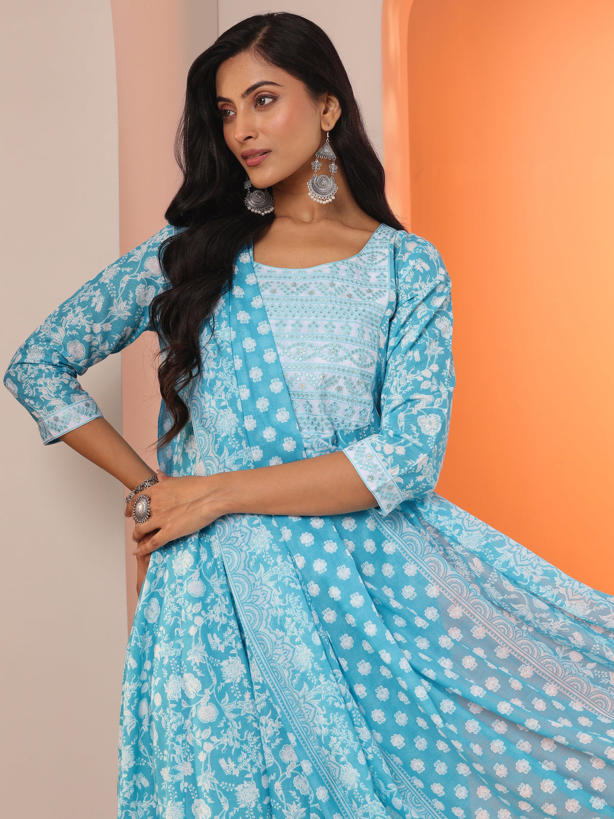 Gerua Blue Printed Cotton Blend Straight Suit Set With Dupatta
