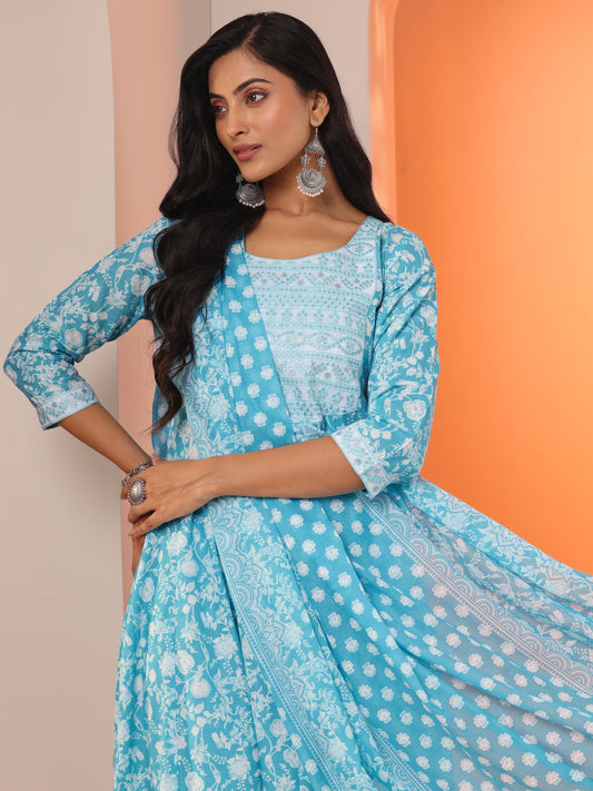 Gerua Blue Printed Cotton Blend Straight Suit Set With Dupatta